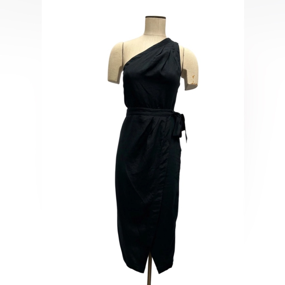 Anthropologie Midi Linen Dress Women 4 Black Shoulder Wrap Brunch Coastal